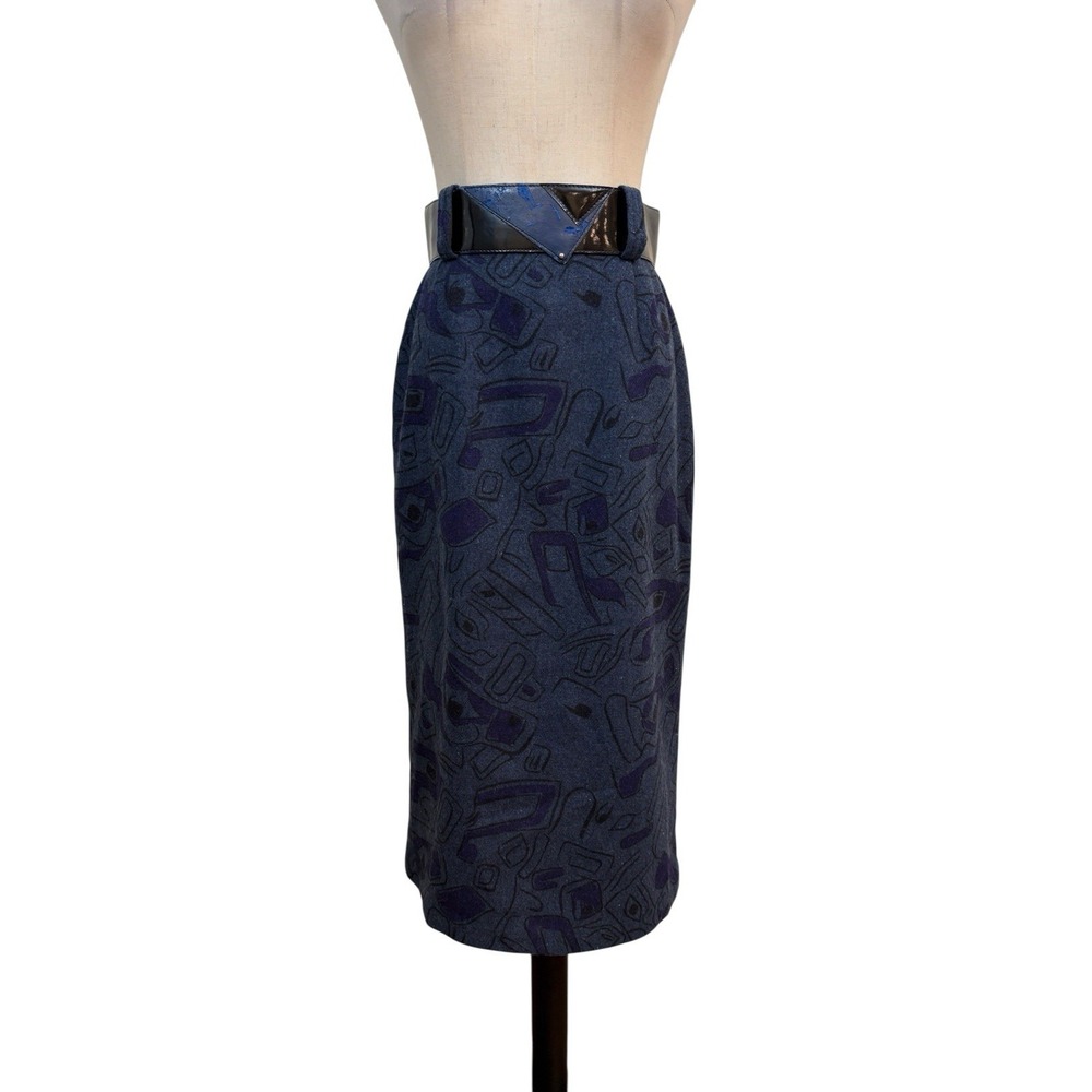 Vtg 80s Yessica Blue‎ Pop Art Pencil Skirt Belted 26"w Wool Blend Abstract Glam